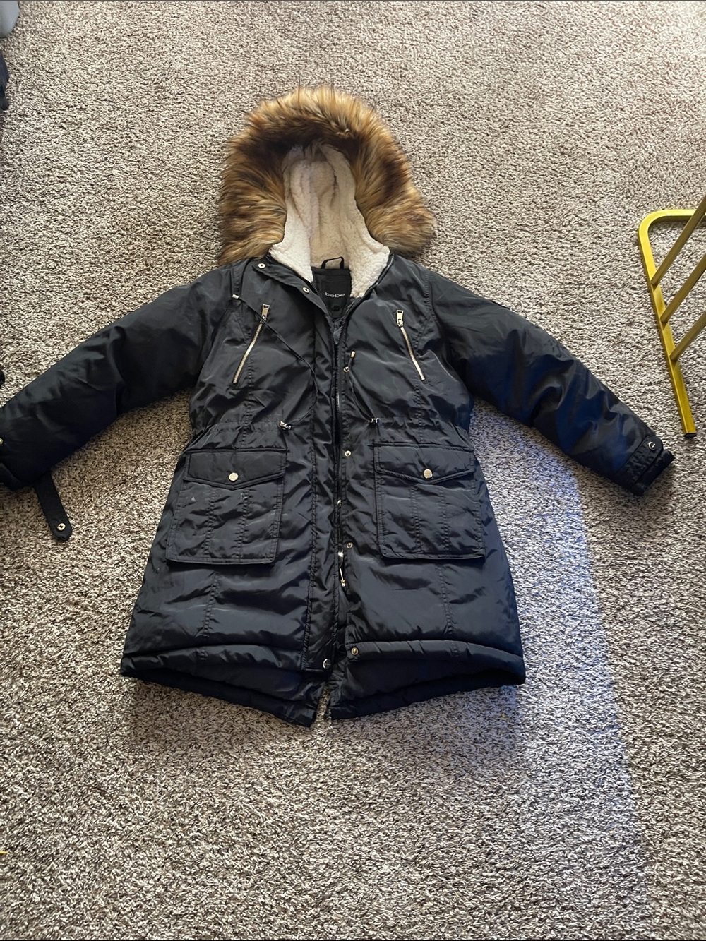 bebe Black Puffer Parka with Faux Fur Trim Hood